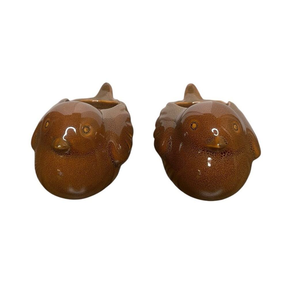 Vtg Party‎ Lite Woodland Bird Tea Candle Holders Ceramic Glazed Brown Set of 2